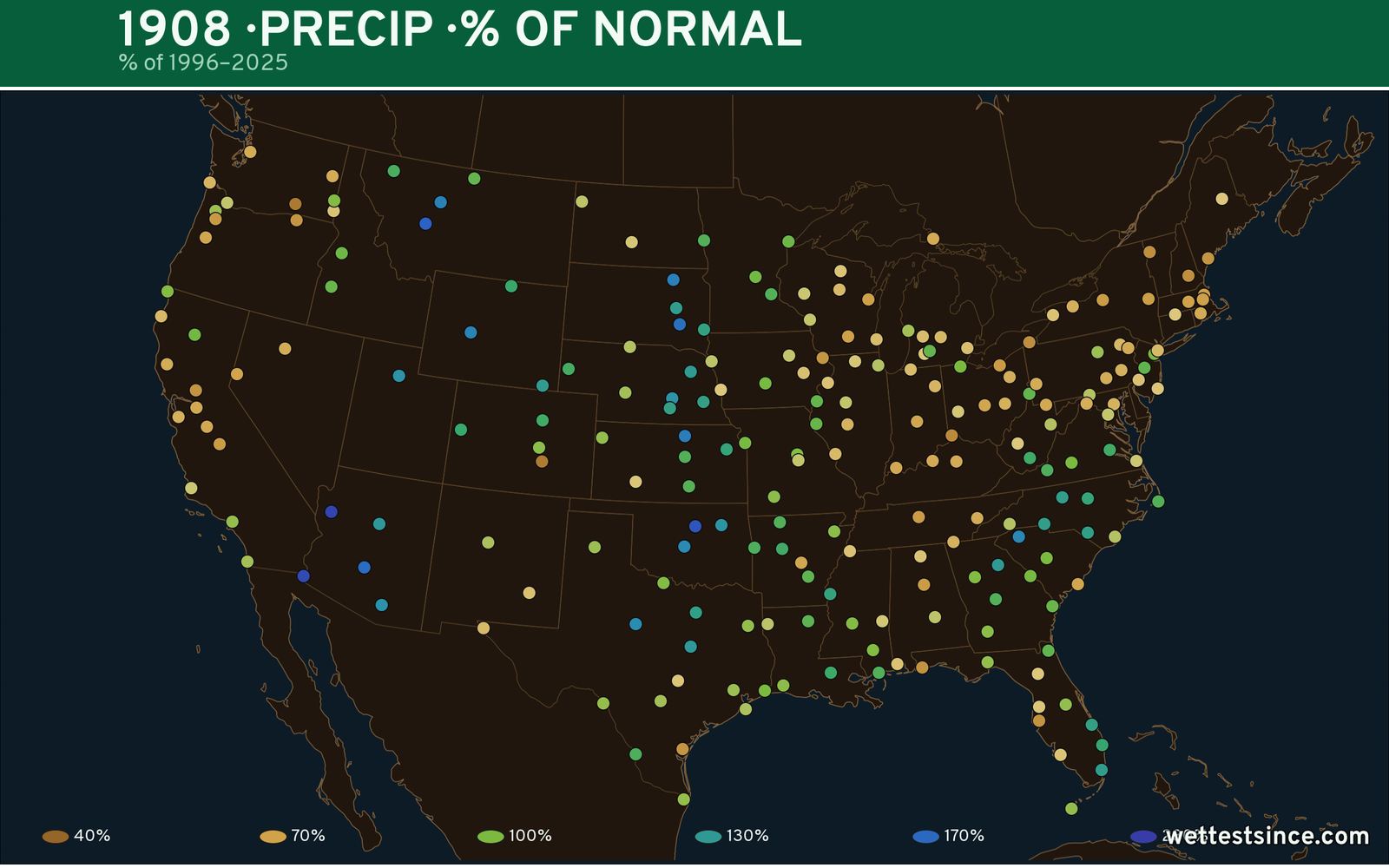 1908 U.S. precipitation percent-of-normal map