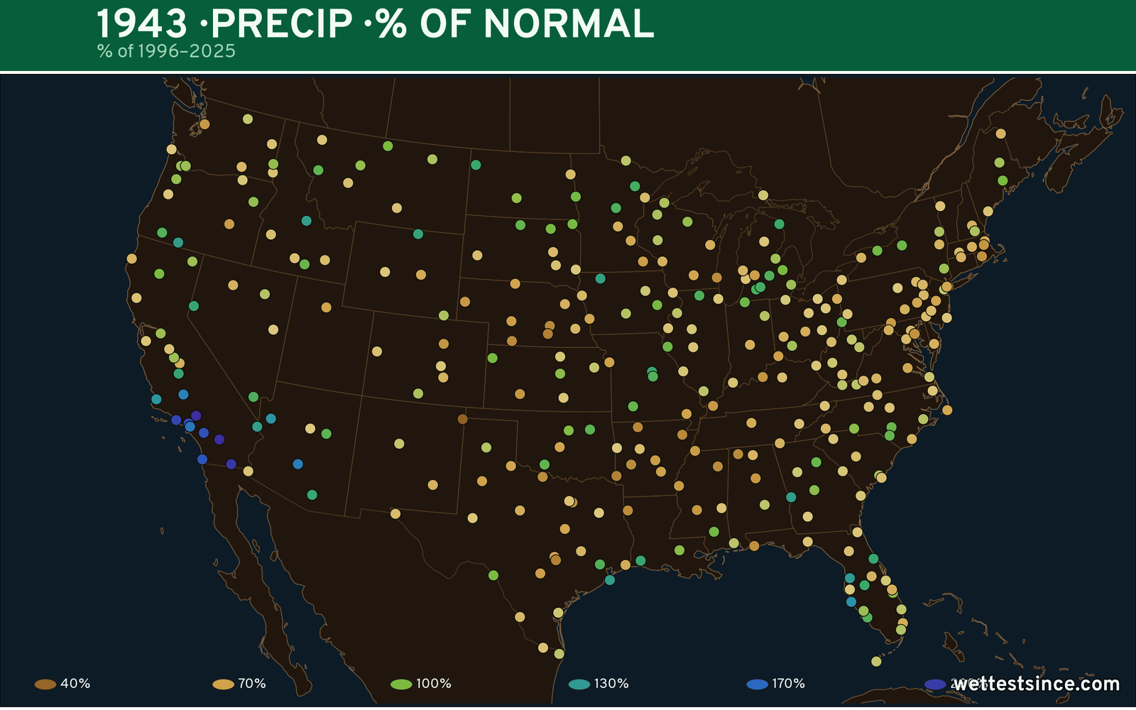 1943 U.S. precipitation percent-of-normal map