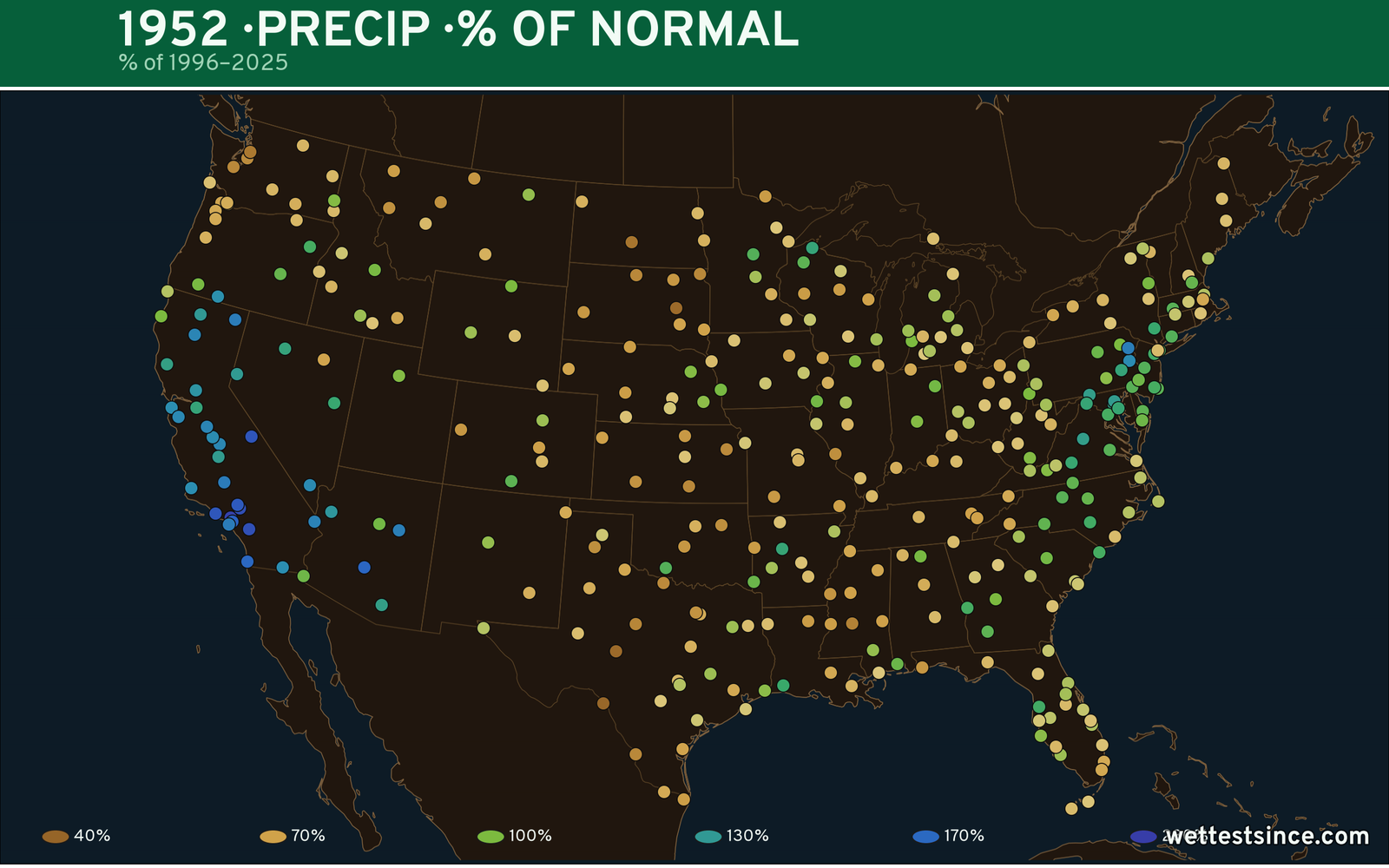 1952 U.S. precipitation percent-of-normal map