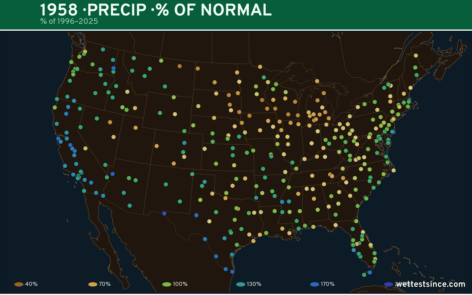1958 U.S. precipitation percent-of-normal map